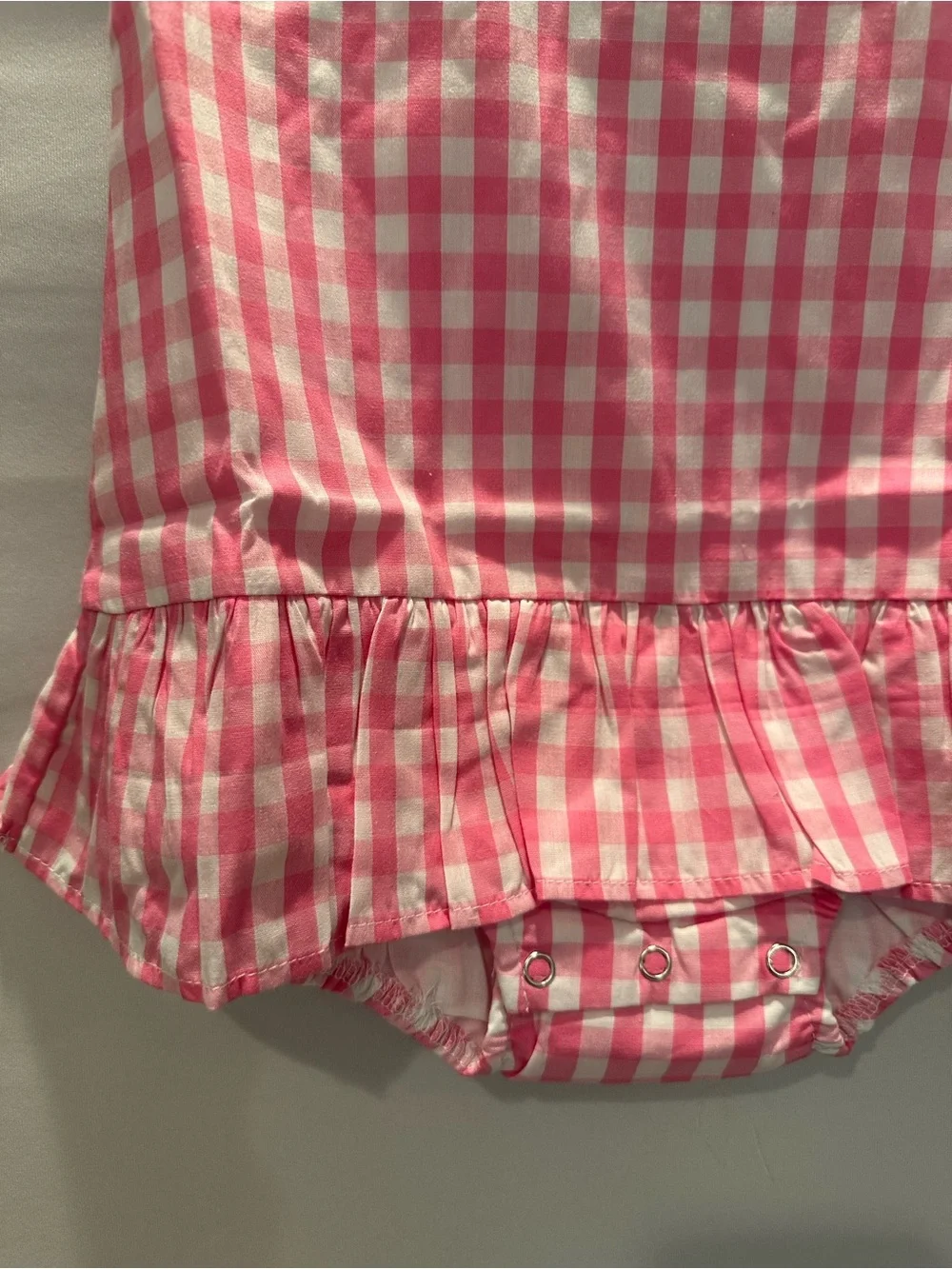 Pink Gingham Baby One-Piece Romper Dress with Floral Appliqués